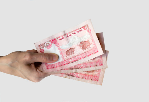 Woman holding fifteen Nepal Rupees notes in her hand