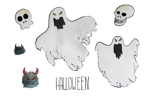 Halloween ghosts watercolor illustration