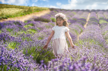 Child girl runs in lavender field, freedom concept