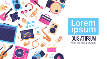 Music Instruments And Equipment Electronics Icons Banner With Copy Space Flat Vector Illustration