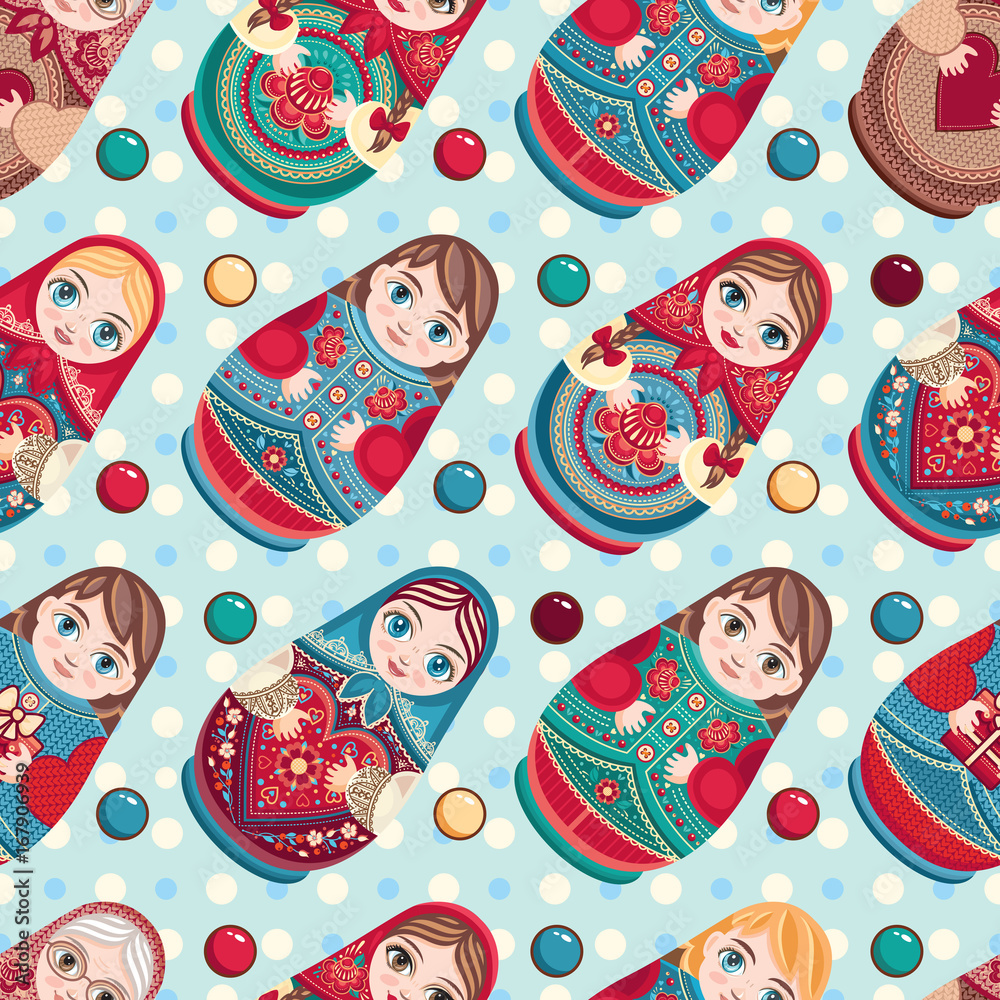 Wall mural Russian souvenir. Matryoshka - babushka doll. Seamless pattern. Vector