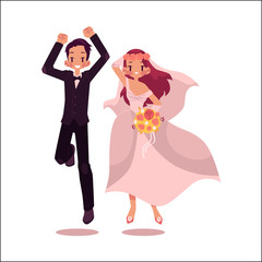 vector groom and bride newlywed couple dancing happily cartoon illustration isolated on a white background. Wedding concept character design