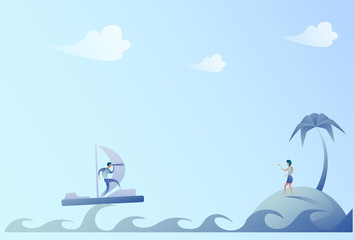 Business Man Sailing On Boat Looking With Binocular Businesswoman On Island Success Concept Vector Illustration