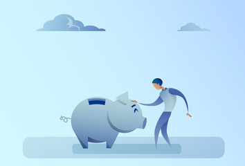 Business Man Holding Piggy Bank Money Savings Concept Flat Vector Illustration