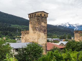 Mountain village with ancient towers. Mestia, Svaneti, Georgia