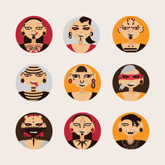 Vector set with male characters, drawn with body modifications, piercing and tattoo in circle shapes. Portraits in various hairstyle and styles of body decoration.