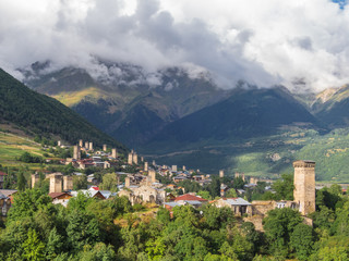 Fototapeta na wymiar Mountain village with ancient towers. Mestia, Svaneti, Georgia