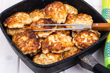 Fried chopped cutlets in frying pan