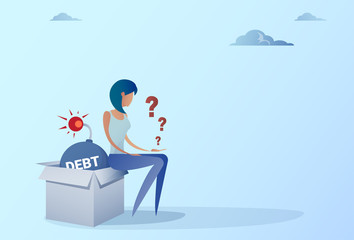Business Woman Sitting On Bomb Credit Debt Finance Crisis Concept Flat Vector Illustration
