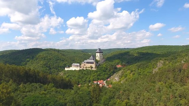 Aerial view of Medieval castle Karlstejn in Czech republic, Europe, Drone view