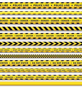 vector yellow black police tape set. Flat cartoon isolated illustration on a white background. Yellow danger tape with black stripes enclosing for forencics, investigators.