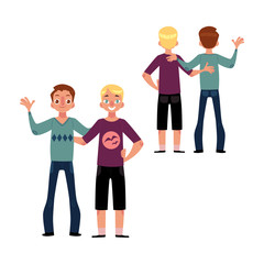 Male friendship concept, couple of boys, best friends hugging each other, cartoon vector illustration isolated on white background. Set of boys, men, friends standing and hugging each other