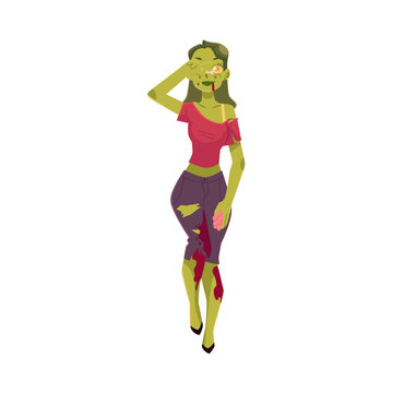 Girl, woman dressed as zombie monster, Halloween party costume, cartoon vector illustration isolated on white background. Woman, girl dressed as sppoky zombie, green paint, Halloween party costume