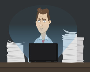 Sad office worker sitting behind his table and working on his laptop at night with a lot of papers and documents around - concept of stress and frustration - vector cartoon