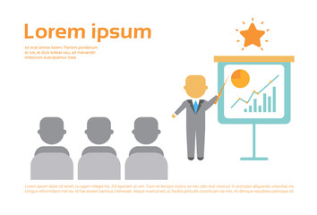 Presentation Business Man Showing Flip Chart With Finance Graph, Training Conference Meeting Flat Vector Illustration