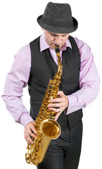 Fototapeta na wymiar Man playing on a saxophone