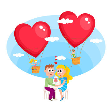 Loving couple, boy and girl, dating in cafe, flying in heart shaped hot air balloons to each other on the background, cartoon vector illustration. Loving couple dating in cafe, romantic relationships