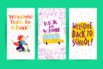 Vector set of back to school cards with lettering, cute animal students