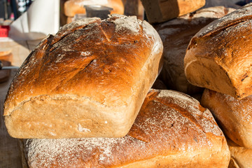 Traditional homemade bread in polish food market in Poland. Polish bakery food products.