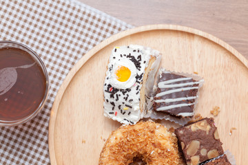 ice tea and doughnut ,cake ,brownie