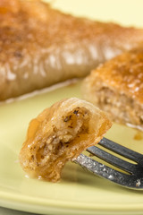 Traditional Turkey baklava pie with walnuts closeup macro