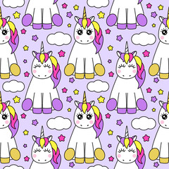 Cute childish seamless pattern with cartoon character of magic unicorn © C Design Studio