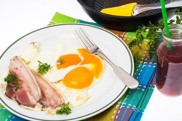 Hearty breakfast with bacon and fried eggs