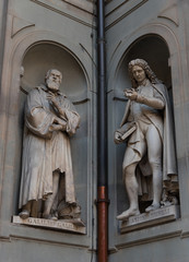 Obraz premium Galileo Galilei and Pier Antonio Micheli. Statues in the Uffizi Gallery, Florence, Tuscany, Italy