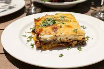 Traditional moussaka in greek tavern.