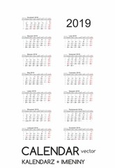 Calendar 2019 Kalendarz 2019 vector  - obrazy, fototapety, plakaty