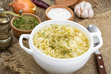 Vegetarian vegetable broth with vermicelli and spices