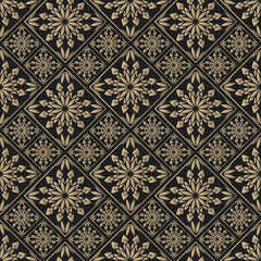 Seamless pattern oriental ornament. Black and golden textile print. Islamic vector design. Floral tiles.