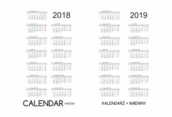 Calendar 2018, 2019 Kalendarz 2018, 2019 vector  - obrazy, fototapety, plakaty