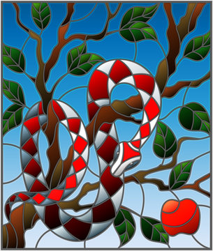 Illustration in the style of stained glass with colorful snake on the apple tree on blue background