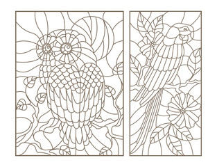 Set contour illustrations of stained glass birds the owl and parrot on the branches of trees