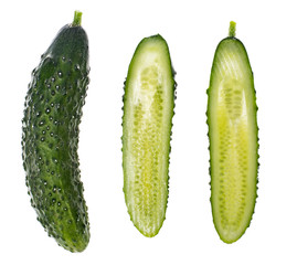Green fresh cucumber whole and cut in half in vegetarian diet