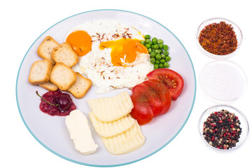 Delicious and healthy breakfast on plate on white