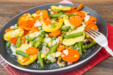 Food without meat:fried vegetables in frying pan