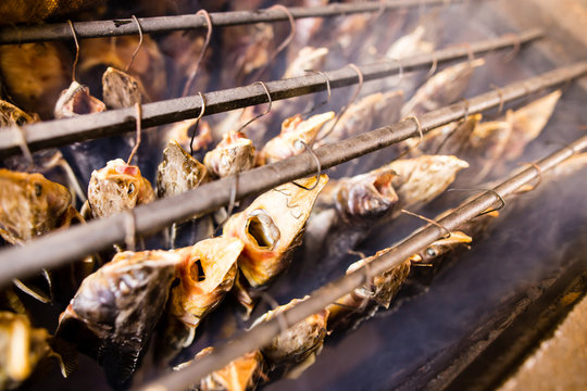 Smoky fish in smokehouse