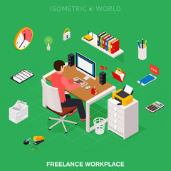 Professional freelancer working on desktop computer at desk. Flat 3d isometric technology concept.