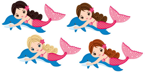 Vector Cute Little Mermaids Swimming with Dolphins. Vector Mermaids 