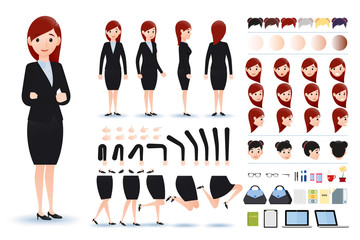 Businesswoman Character Creation Kit Template with Different Facial Expressions, Hair Colors, Body Parts and Accessories. Vector Illustration.
