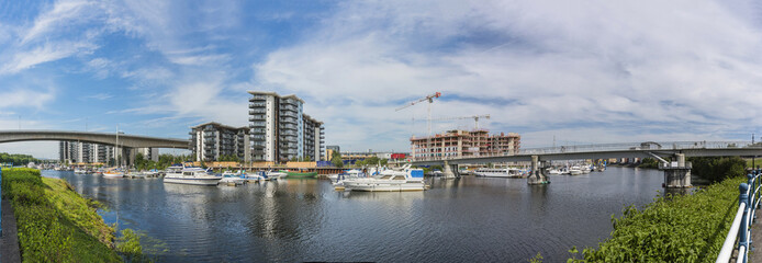 Panoramic view of apartment and construction on the River Ely in Cardiff Bay