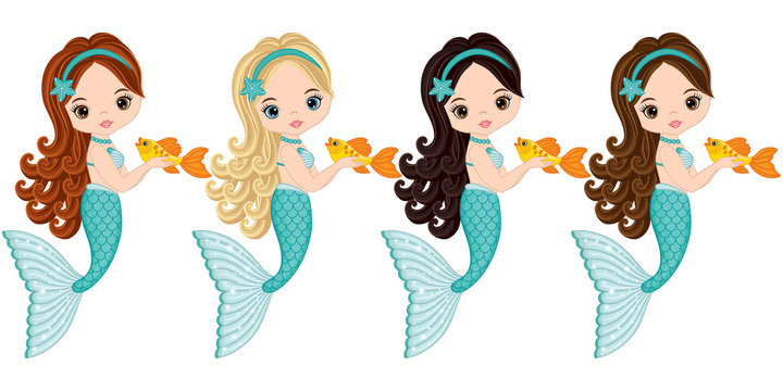 Vector Cute Little Mermaids with Fish. Vector Mermaids 