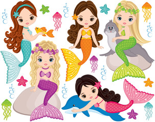 Vector Cute Little Mermaids with Marine Animals. Vector Mermaids and Sea Animals