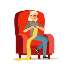 Beautiful senior woman sitting in the armchair and knitting vector Illustration