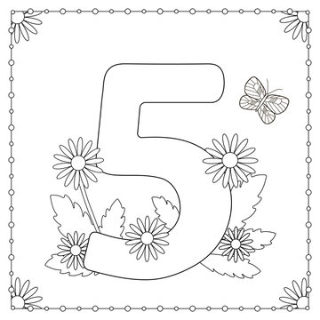 Numeral five with flowers, leaves and butterfly