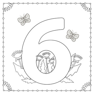 Numeral Six with flowers, leaves and butterflies. Coloring page.