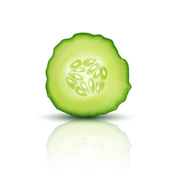 Vector Slice Juicy Cucumber Isolated On White Background. Realistic 3d Illustration. Element For Modern Design.