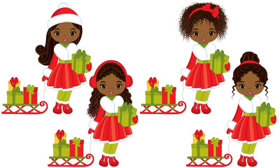 Vector Little African American Girls with Christmas Gifts and Sledges